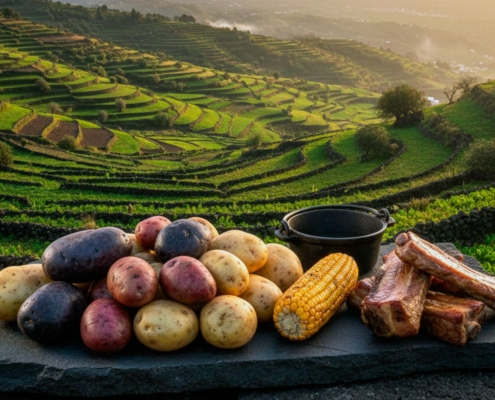 Costillas con papas y piñas